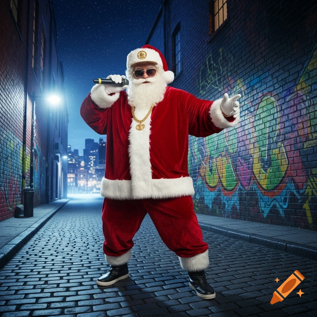 Santa Claus, dressed as a rapper with sunglasses and gold chains, holds a microphone and poses in a neon-lit, graffiti-covered urban alley at night.