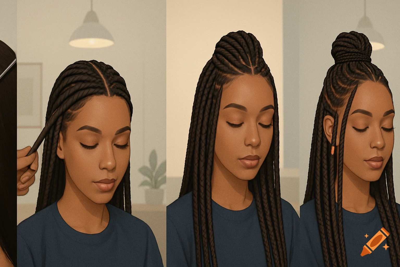 Three-panel illustration of a woman demonstrating steps for a braided hairstyle with a half-up top knot and a full top knot.