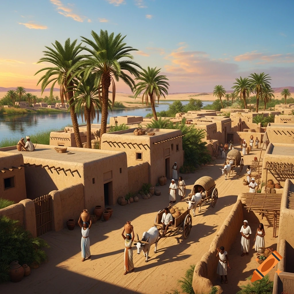 A panoramic view of an ancient Egyptian village with mud-brick homes, palm trees, and people by a river under a clear sky.