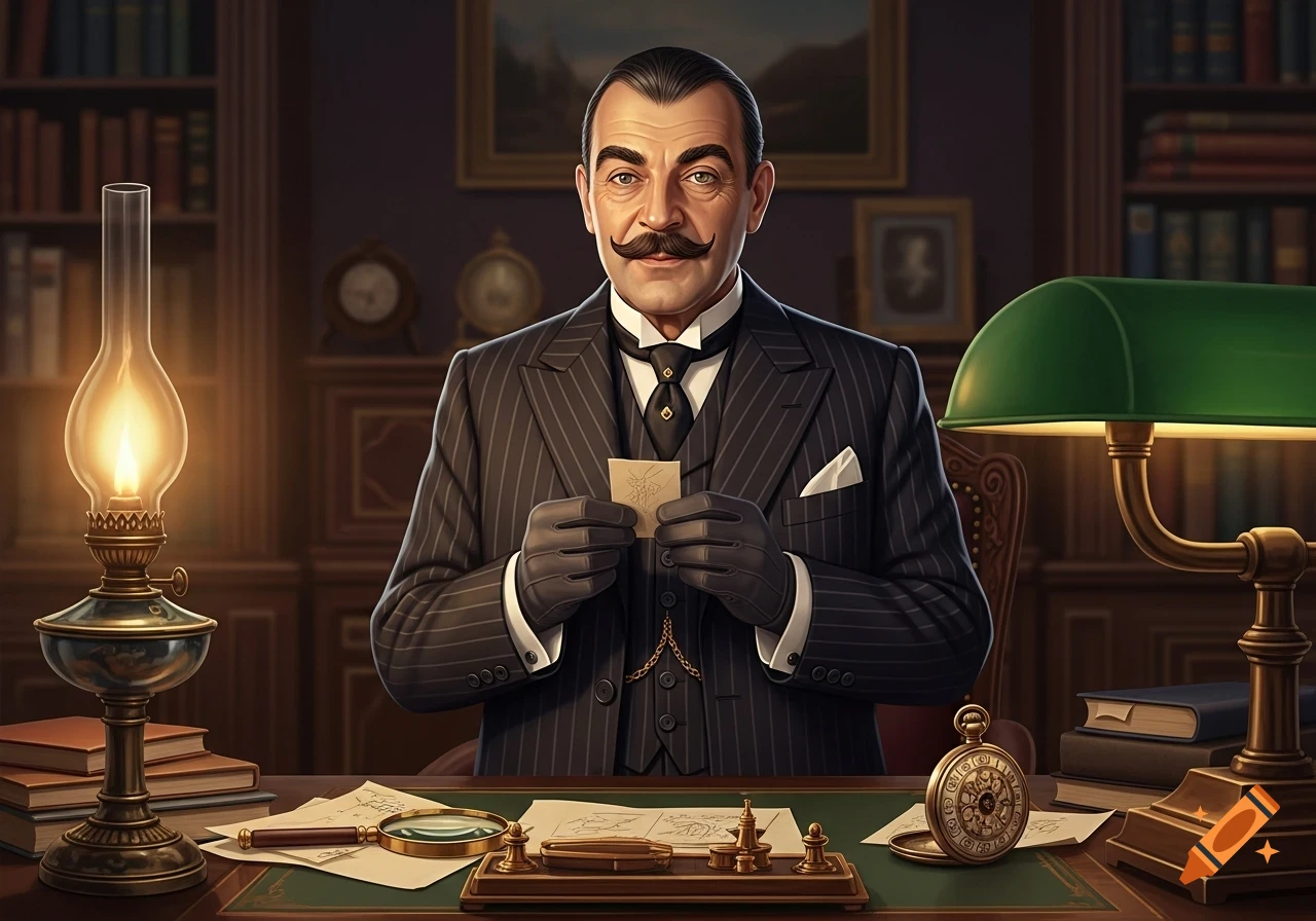 A distinguished man with a mustache and pinstripe suit sits at a grand desk in a library, holding a small paper. An oil lamp and desk lamp illuminate the scene.