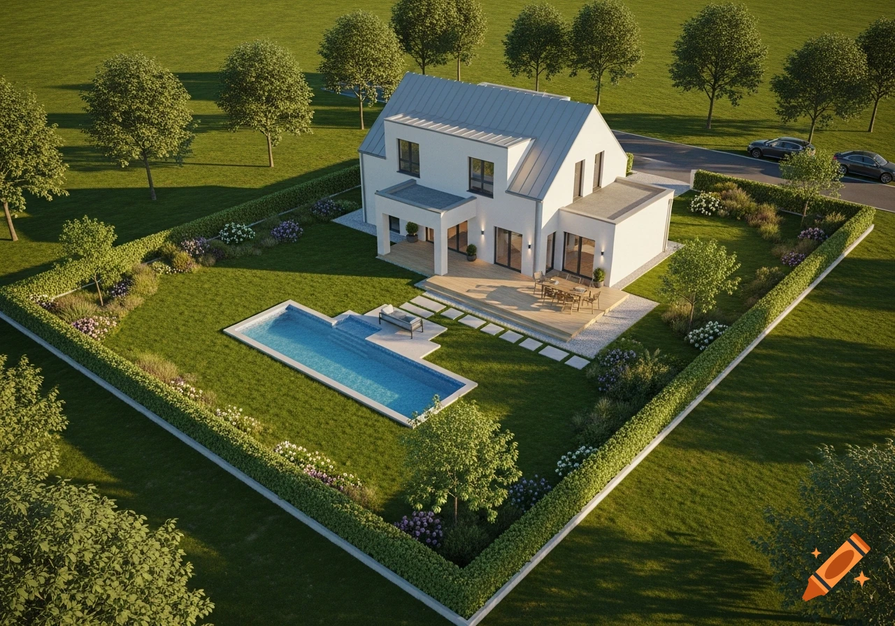 Photorealistic aerial view of a modern white house with a gabled roof, large lawn, swimming pool, and landscaped gardens.