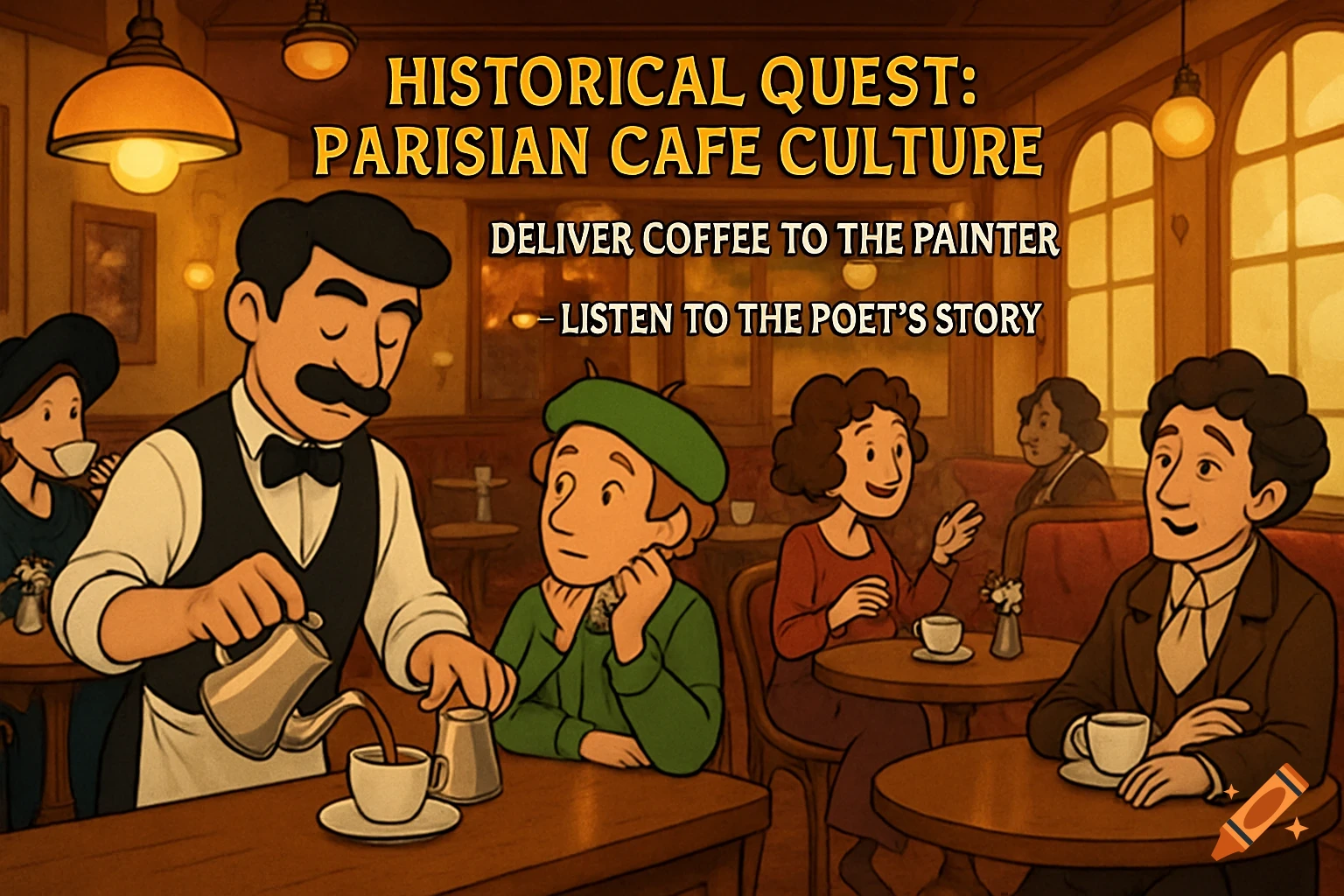 A cozy, cartoon-style 2D videogame screenshot of a late-19th-century Parisian cafe, with a barista pouring coffee for customers.