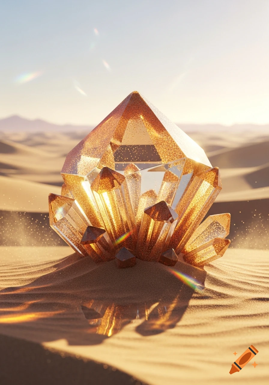 A shimmering, gold-toned crystal formation stands tall in a vast, sunlit desert landscape with rolling sand dunes.