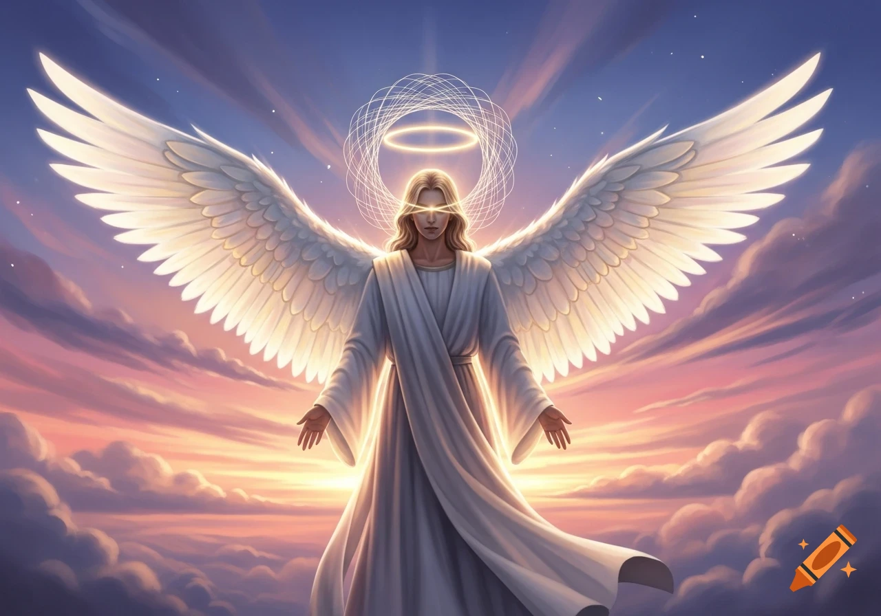 A majestic angel with large white wings, glowing eyes, and a geometric halo against a vibrant sunset sky, digital art.