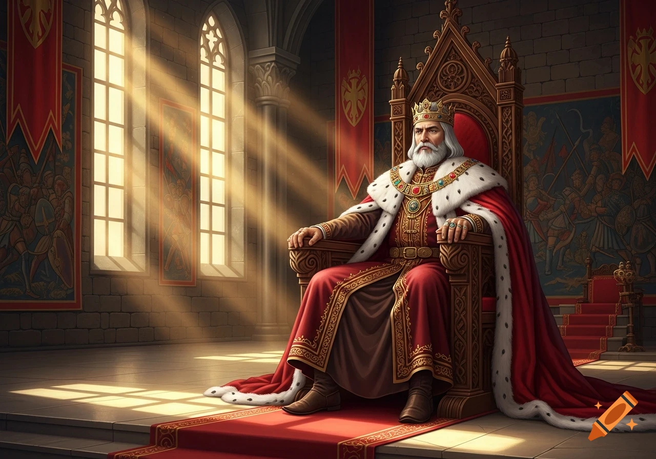 An old king with a white beard and crown sits on an ornate golden throne in a sunlit medieval castle hall.