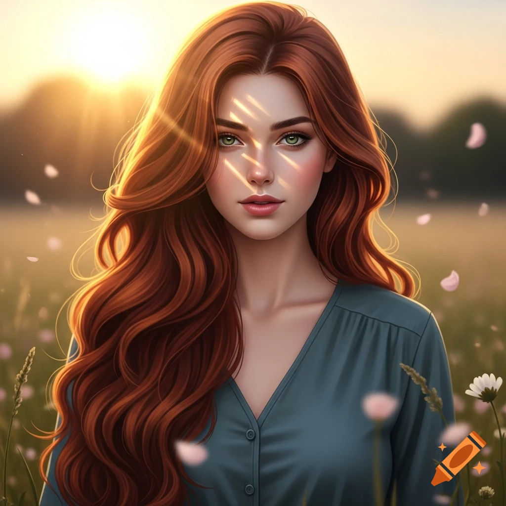 A photorealistic portrait of a young woman with long wavy red hair and ...