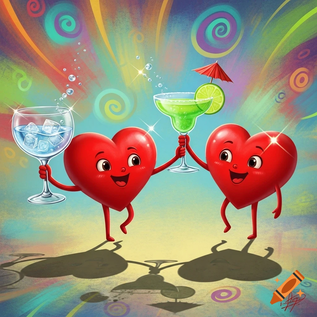 Two happy red cartoon hearts toast drinks, one a margarita and one a glass with ice, against a vibrant, colorful background.