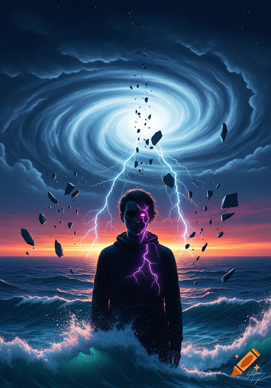 A figure with glowing purple energy stands in stormy ocean waves under a swirling sky, with lightning and floating rocks.
