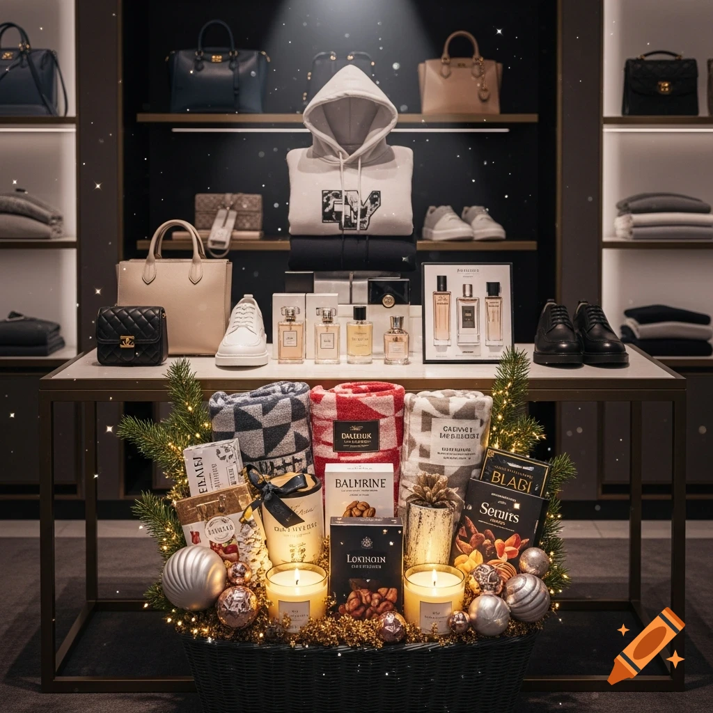 A high-end holiday gift basket display in a luxury store with designer handbags, hoodies, shoes, and perfumes on shelves, and a basket in the foreground filled with blankets, snacks, ornaments, and candles.