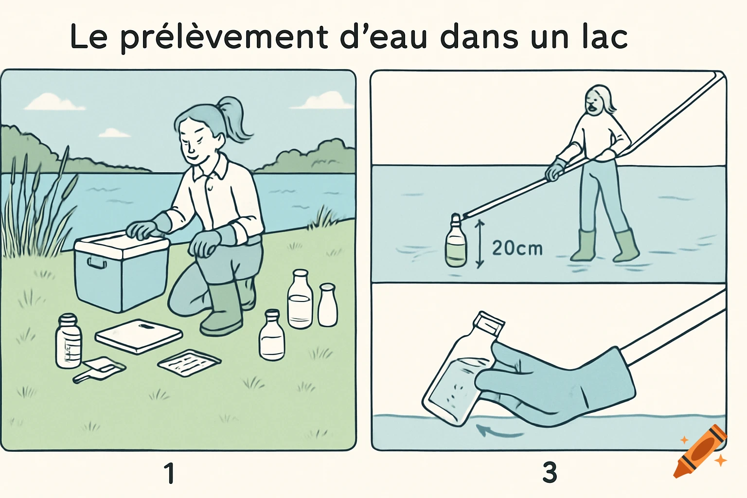 Cartoon illustration demonstrating steps for collecting water samples from a lake by a person in boots and gloves.