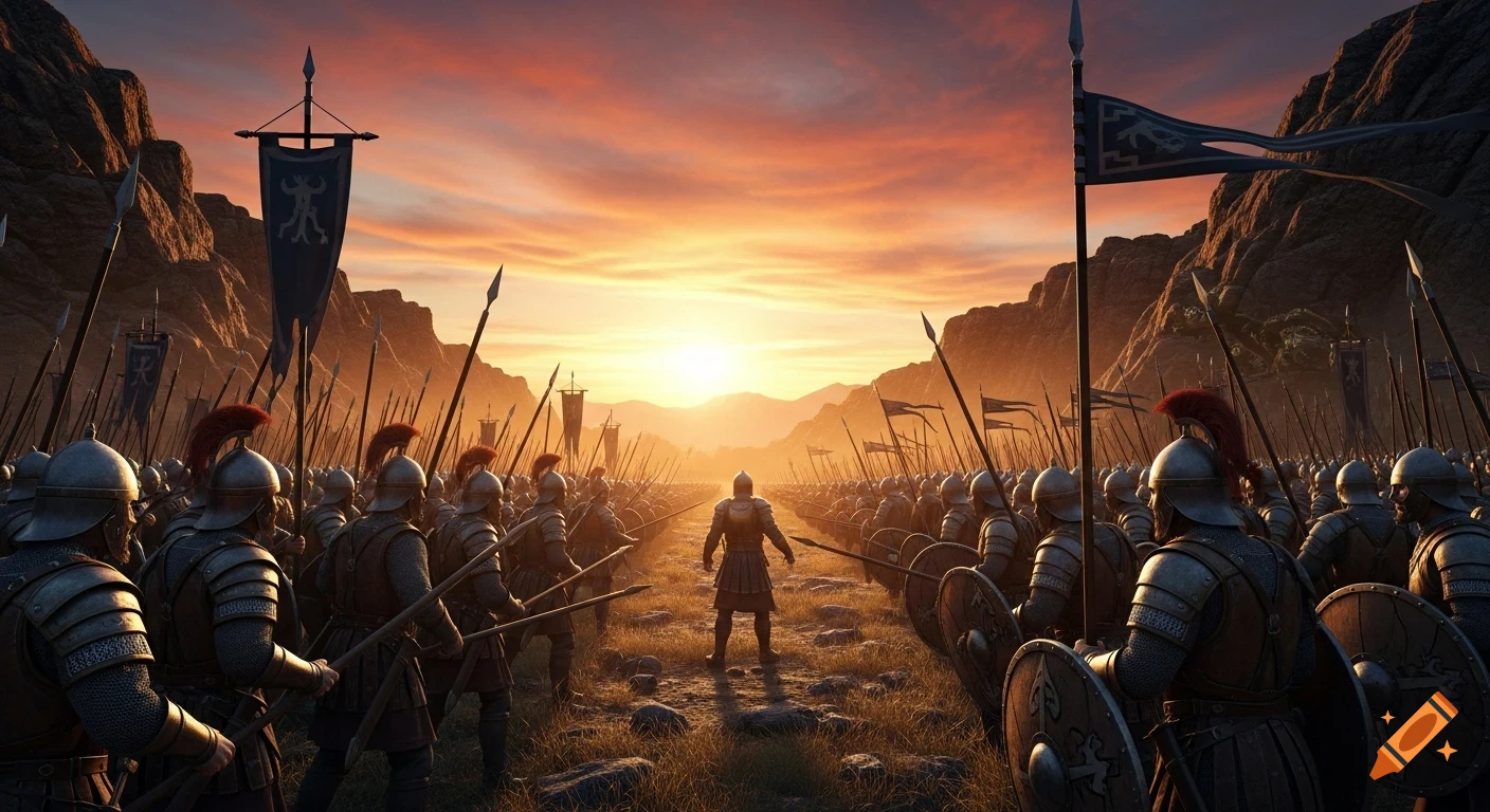 Epic cinematic view of two armies of medieval soldiers facing each other in a rocky valley at a dramatic sunset.