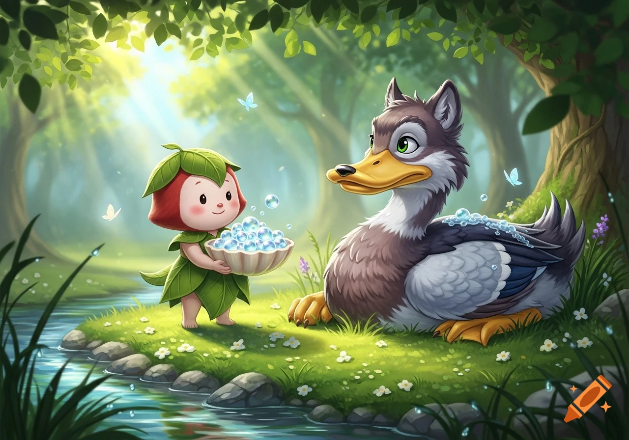 A small, leaf-clad cartoon character holds a bowl of bubbles for a wolf ...