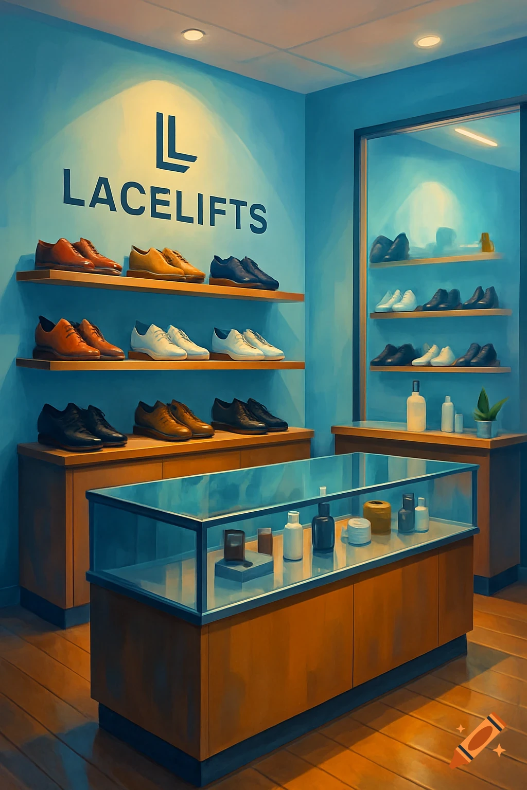 A clean, modern shoe store interior with neatly arranged shoes on shelves and a glass display case, featuring 'LACELIFTS' branding on the blue wall.