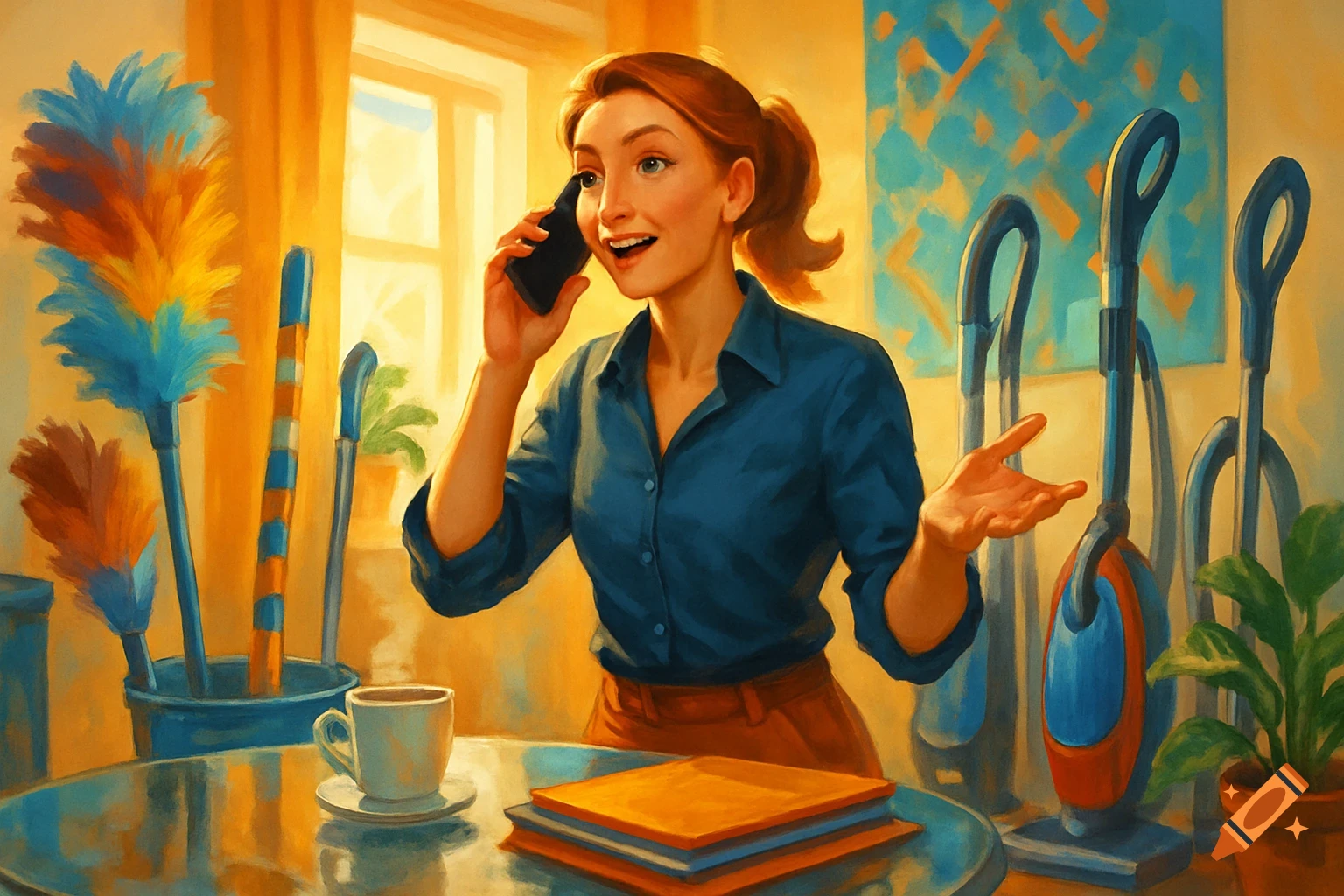 Smiling woman in a blue shirt talking on a phone in a bright, painterly domestic scene with cleaning supplies.