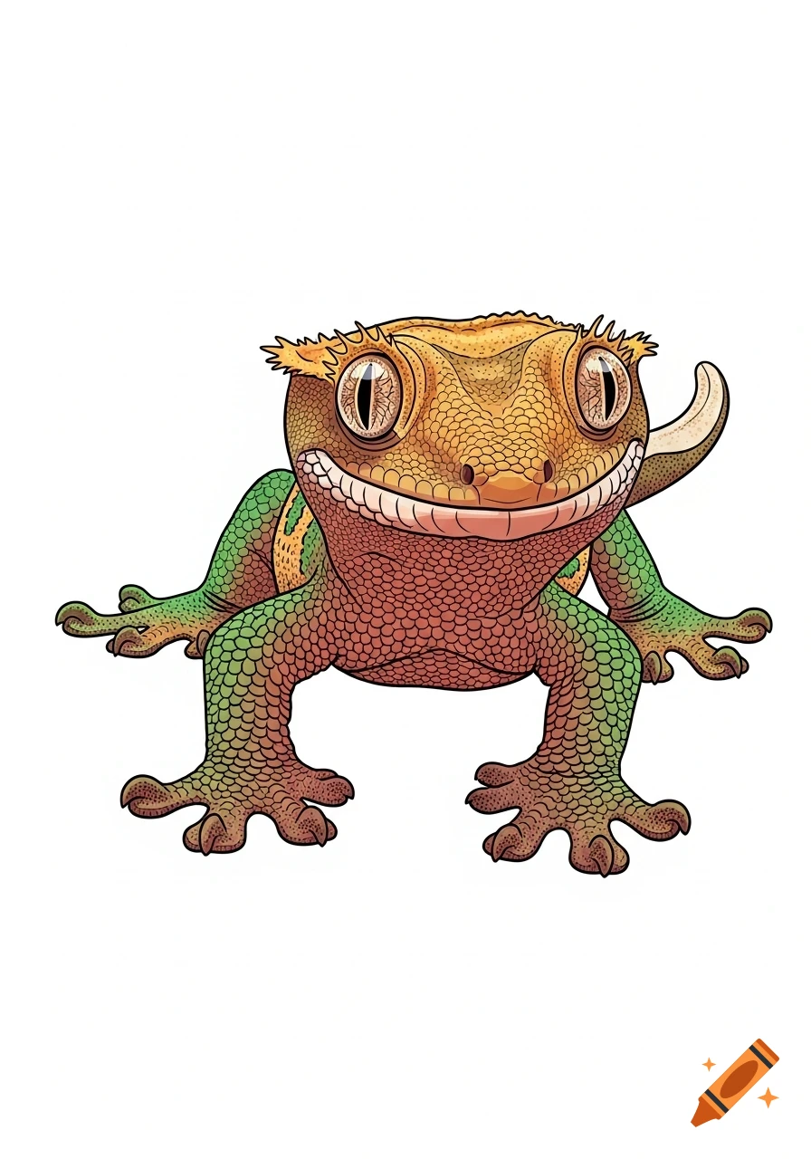 A colorful illustration of a smiling crested gecko with large eyes, its tongue slightly sticking out, on a white background.