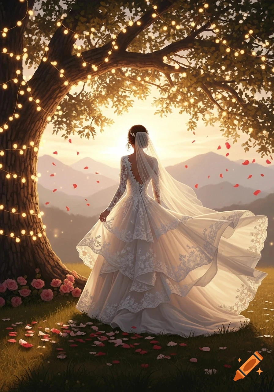 A bride in a white lace wedding gown stands under a tree with glowing string lights, facing a sunset over mountains with falling rose petals.
