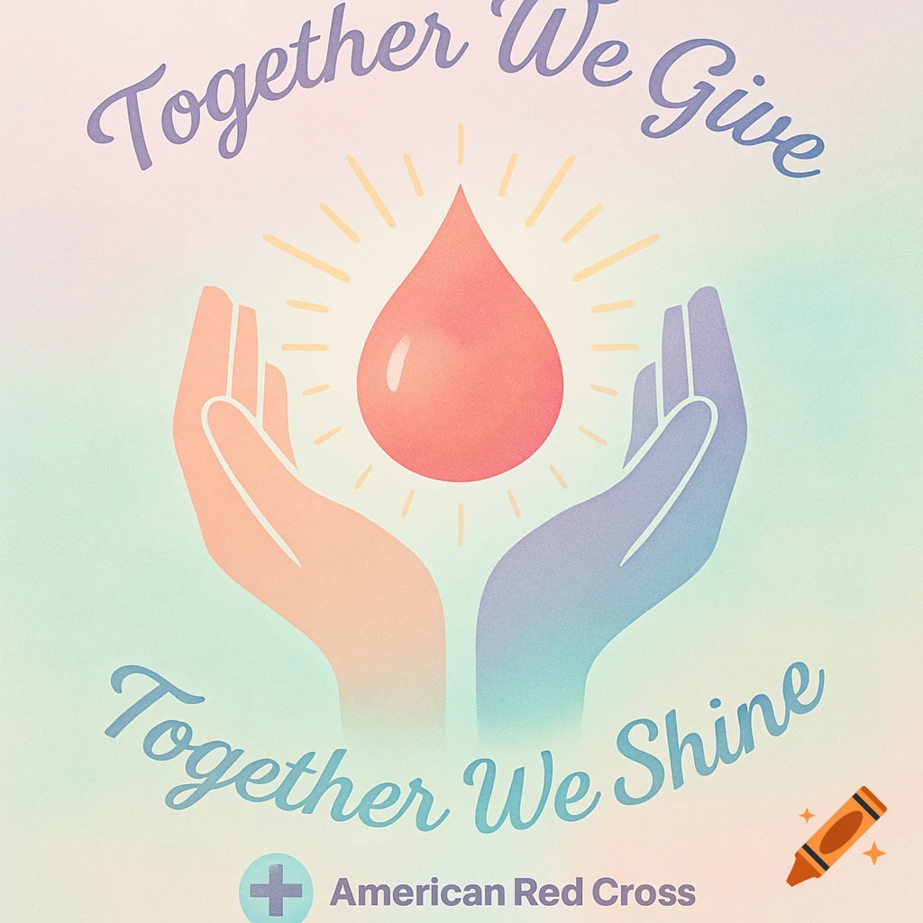 A pastel illustration featuring two hands, one peach and one blue, cupped around a glowing red blood drop with text "Together We Give Together We Shine" and "American Red Cross" at the bottom.