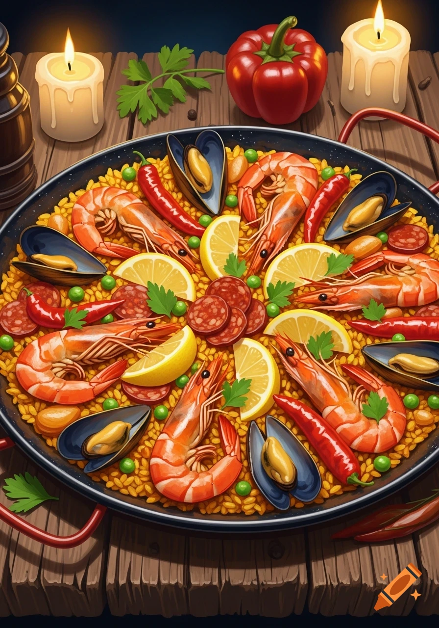 A vibrant paella dish with shrimp, mussels, chorizo, lemon, peas, and red peppers in a pan on a wooden table, lit by candles.