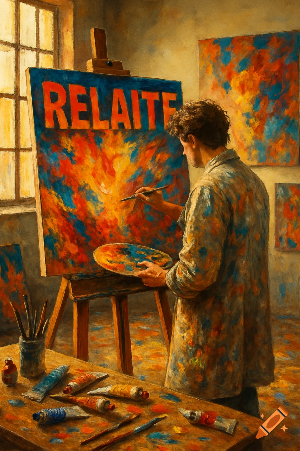 An artist in a studio painting a large canvas with the word 'RELAITE' in a vibrant, impressionistic style.