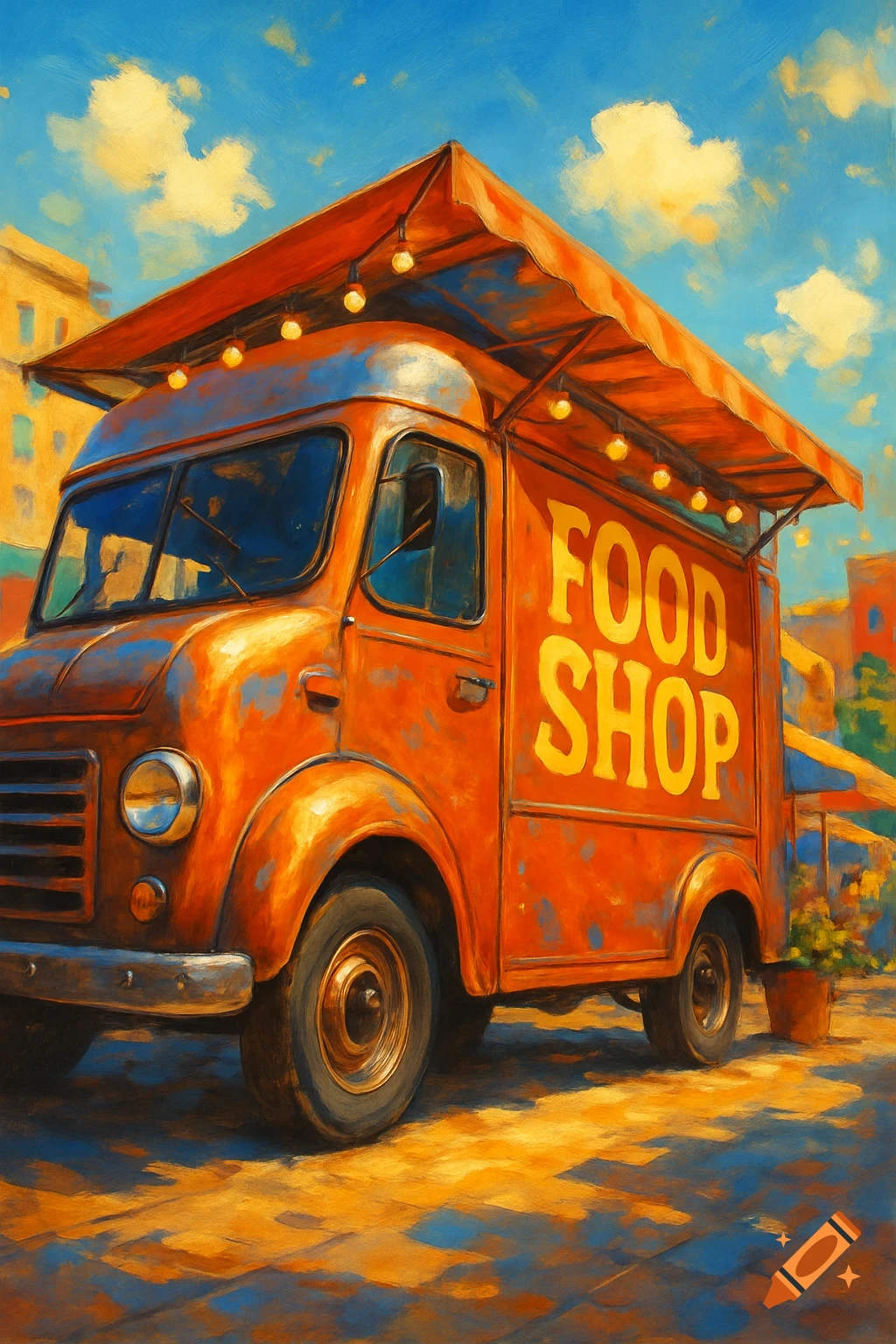 A vibrant, textured painting of an orange food truck with a yellow 'FOOD SHOP' logo, awning, and string lights, under a blue sky.