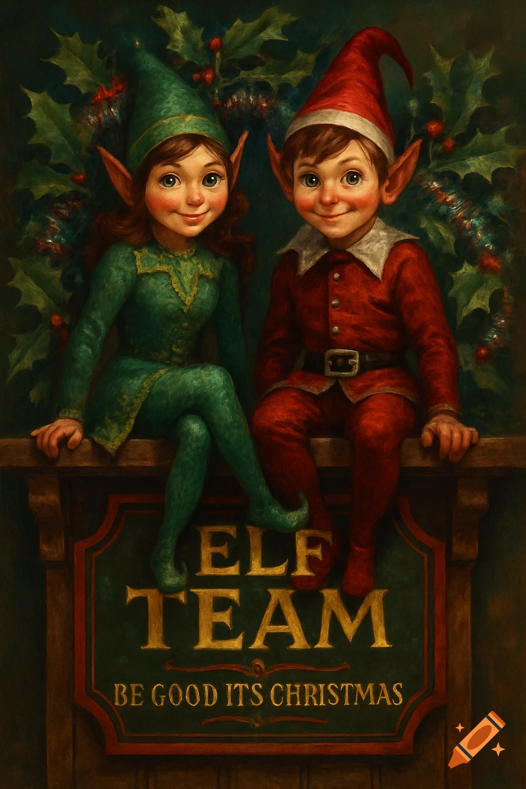 Two smiling child-like elves in festive green and red outfits sit on a wooden shelf decorated with holly, above a sign that reads 'ELF TEAM BE GOOD ITS CHRISTMAS' in a painterly style.