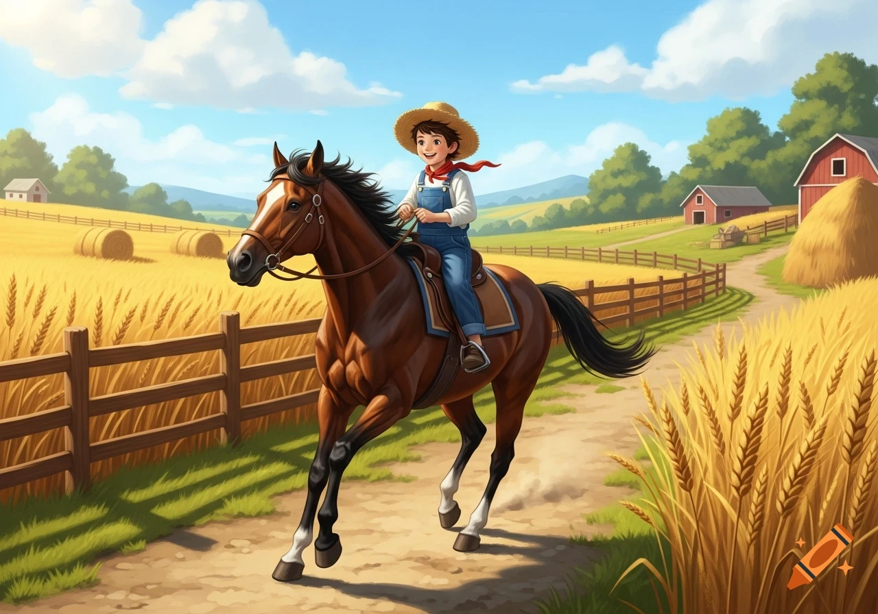 A smiling boy in a straw hat and overalls rides a brown horse down a dirt path through golden wheat fields on a sunny farm, with barns and hay bales in the background.