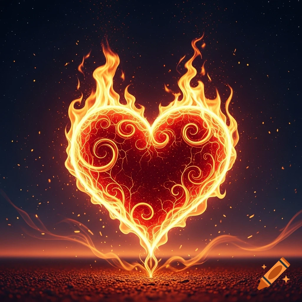 An intricate, glowing heart engulfed in vibrant flames and embers against a dark, starry background.