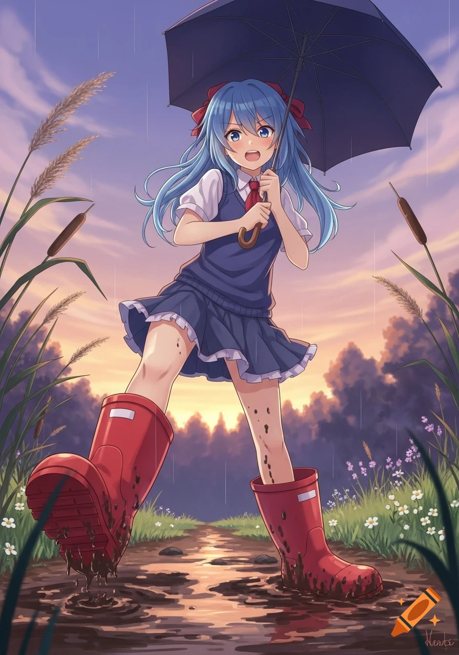 Happy anime girl in a school uniform and red boots stands in mud, holding an umbrella during a rainy sunset.