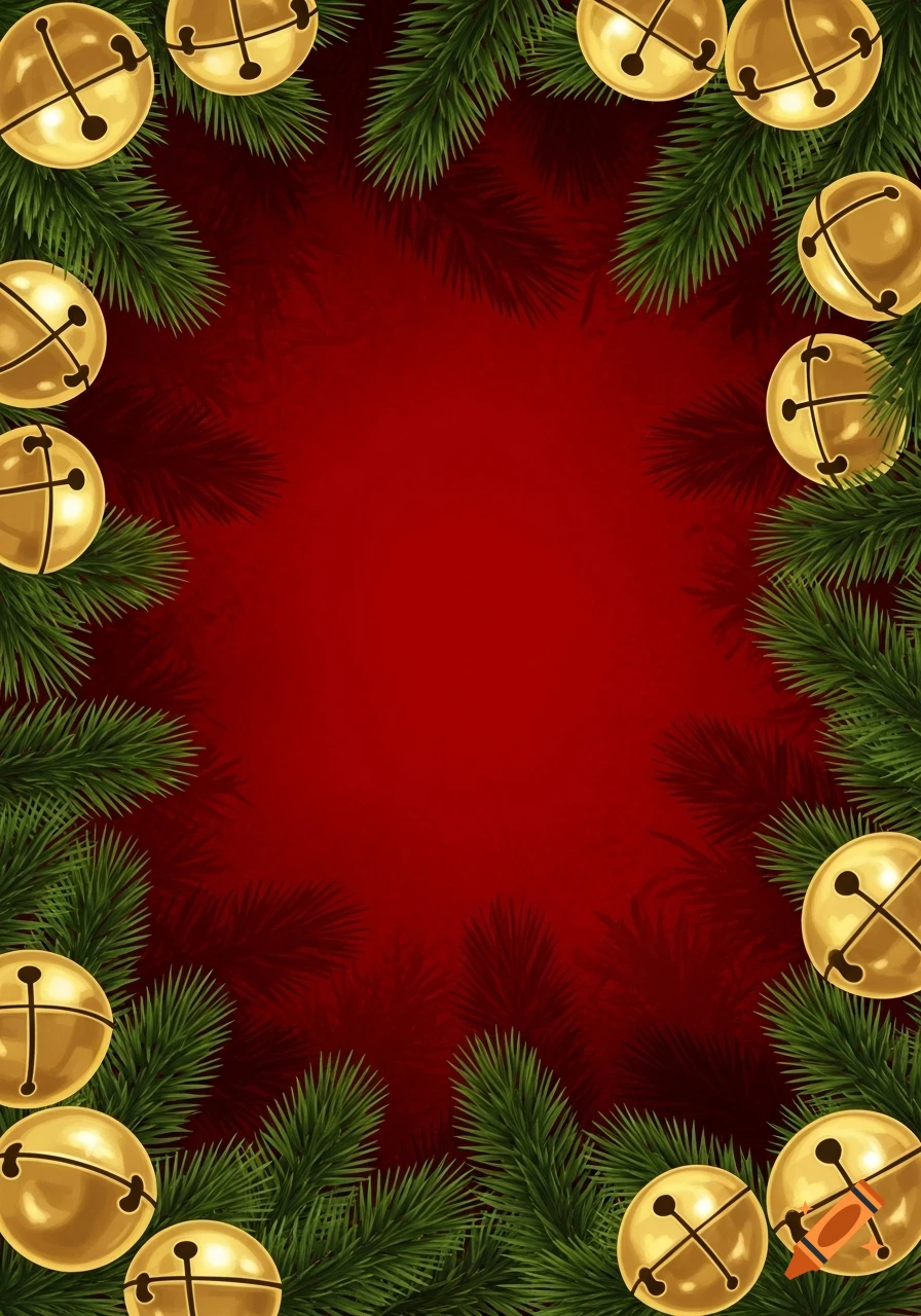 A festive Christmas background with golden jingle bells and green pine branches framing a deep red center.