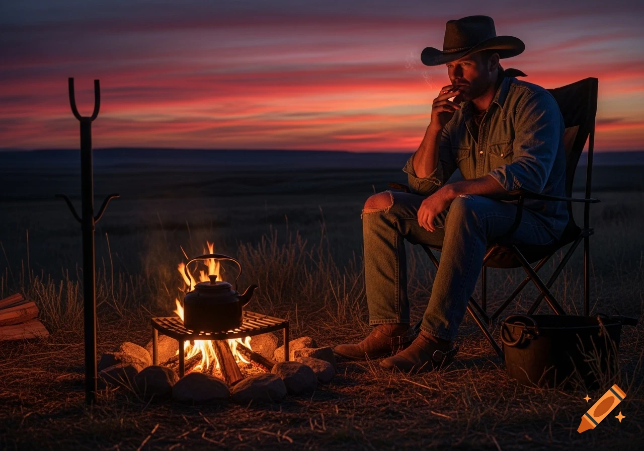 A cowboy sits by a campfire at sunset, smoking a cigarette while a kettle heats. Photorealistic.