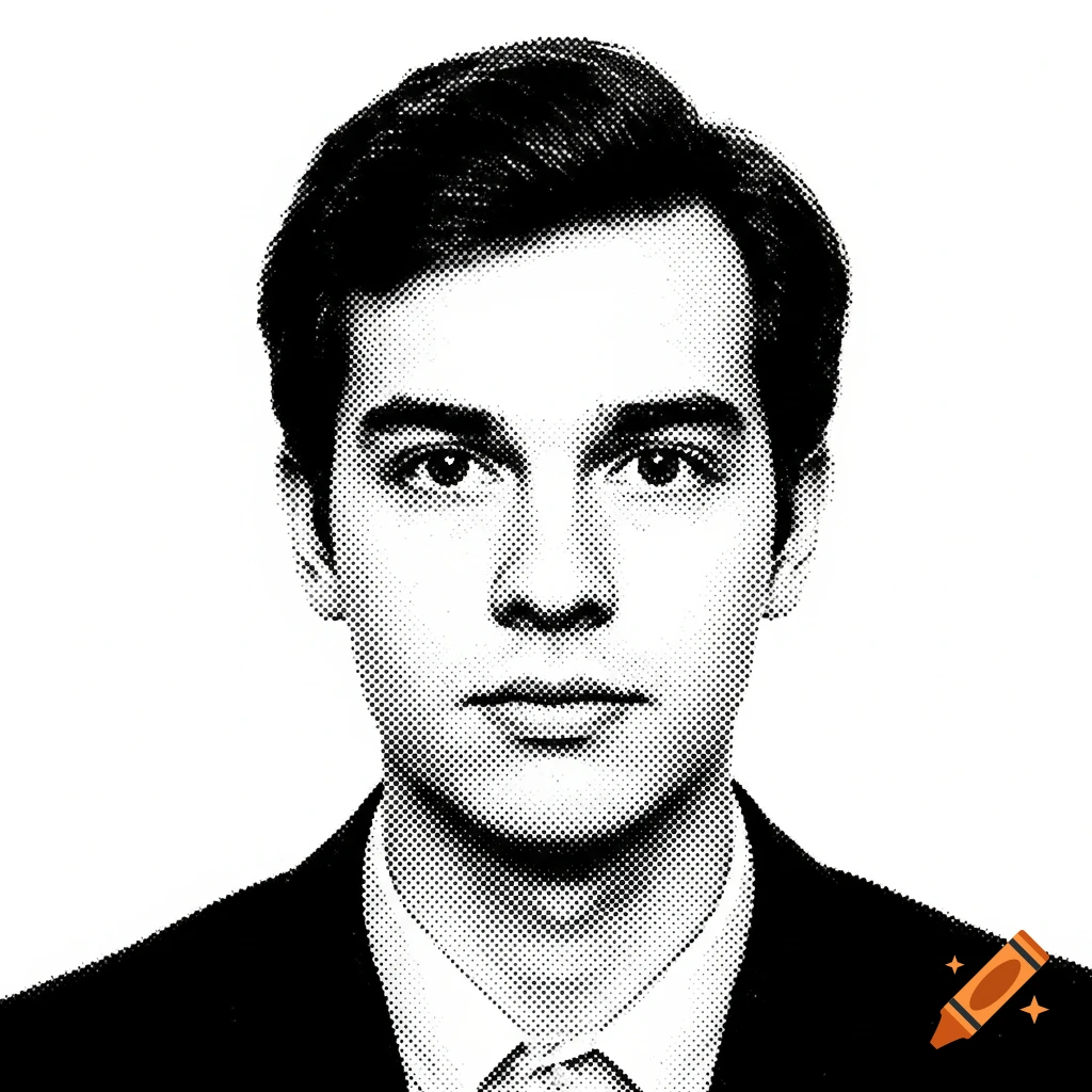 Black and white dithered headshot portrait of a man in a suit, looking forward with a neutral expression.