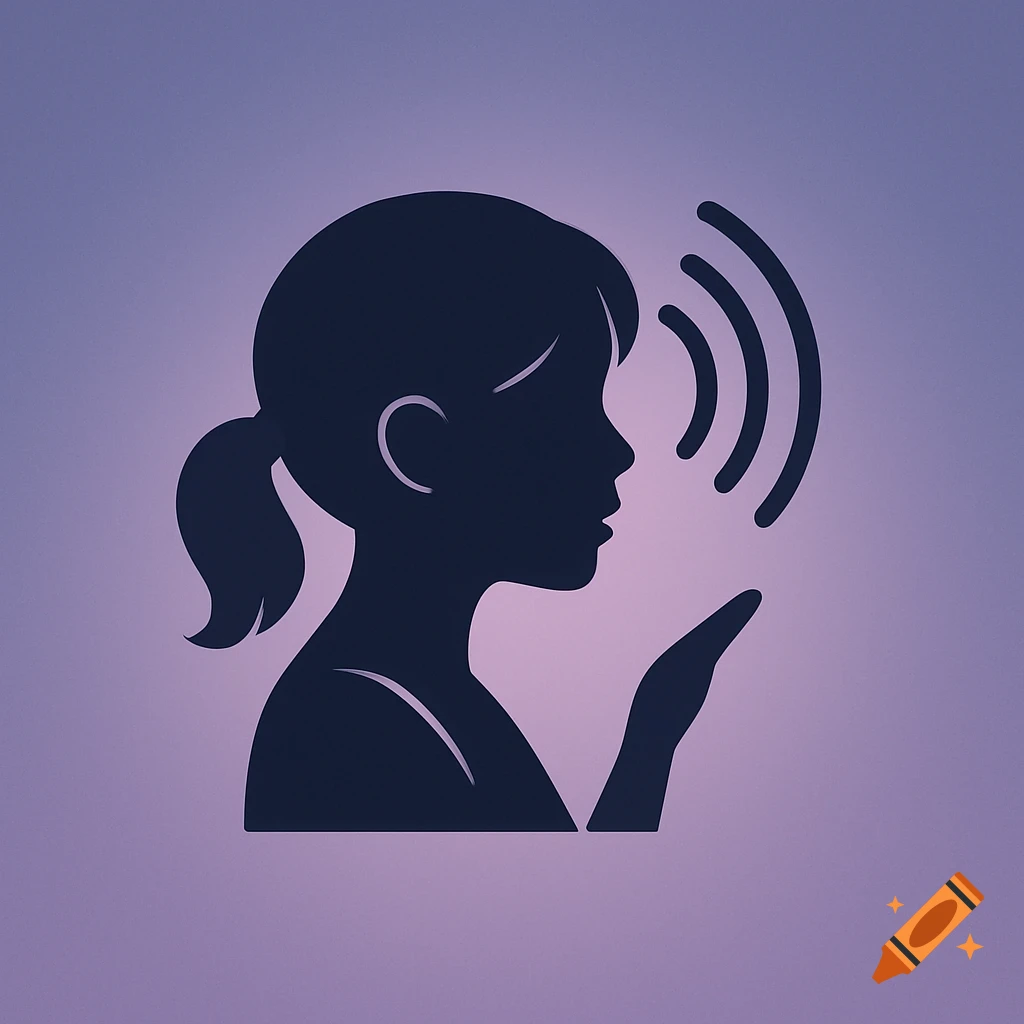 Silhouette logo of a girl speaking, with sound waves emanating from her mouth and a hand raised, on a purple background.