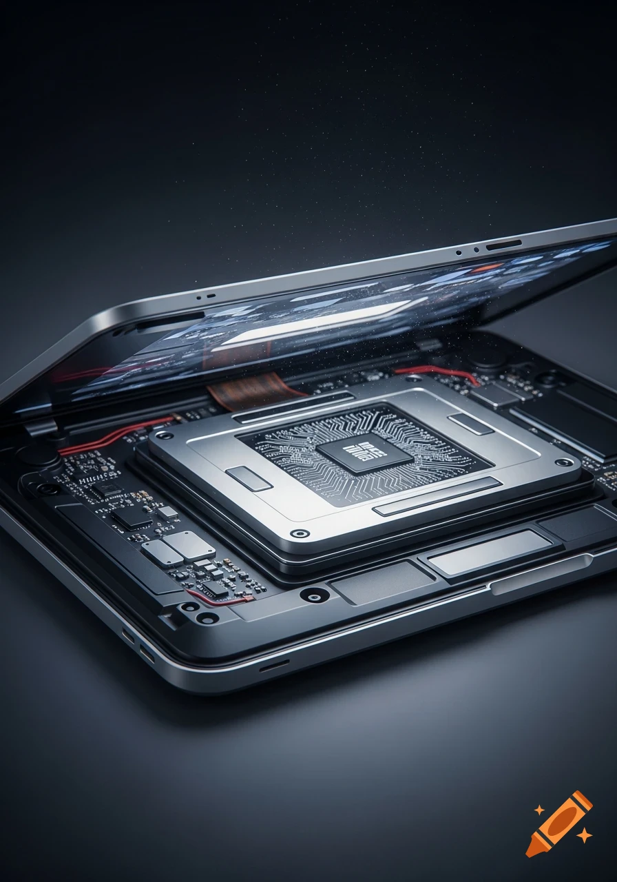 Detailed view of an open laptop's internal circuitry and processor chip, with subtle dust particles.