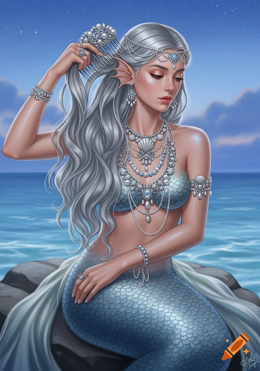 A young mermaid with long silver hair brushes it with a pearl-studded comb, adorned with intricate silver and pearl jewelry, sitting by the sea.