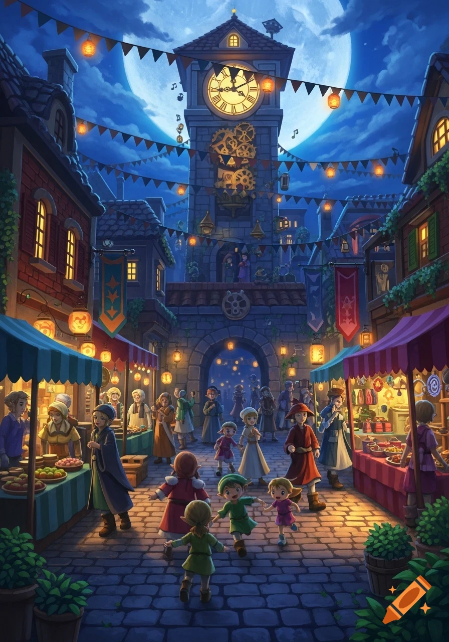 A vibrant fantasy market street at night, bustling with people, with a tall clock tower under a huge moon.