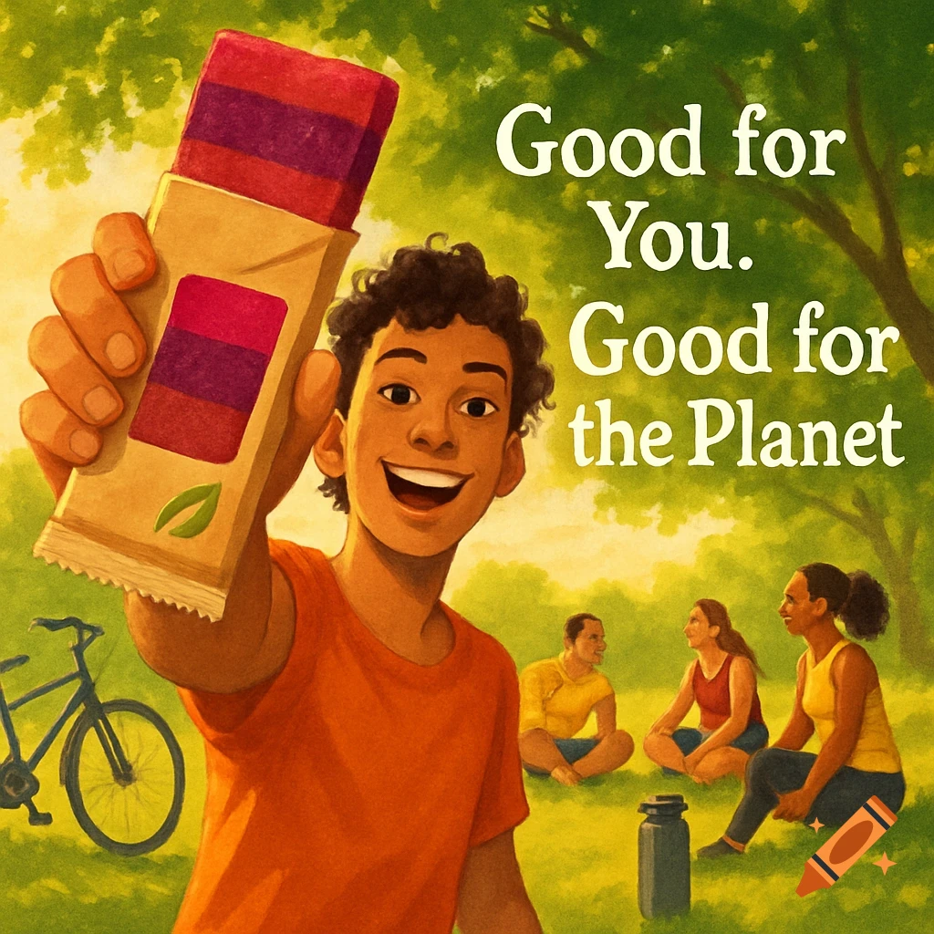 A smiling young man holds up a striped fruit bar in eco-friendly packaging, with people relaxing in a sunny park. Text reads: Good for You. Good for the Planet.
