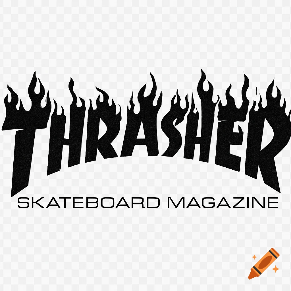 Black Thrasher Skateboard Magazine logo with flames above the text on a transparent background.