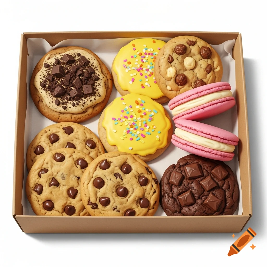 A neatly arranged kraft-style bakery box filled with assorted cookies including chocolate chip, frosted yellow with sprinkles, chocolate chunk, and pink macarons.