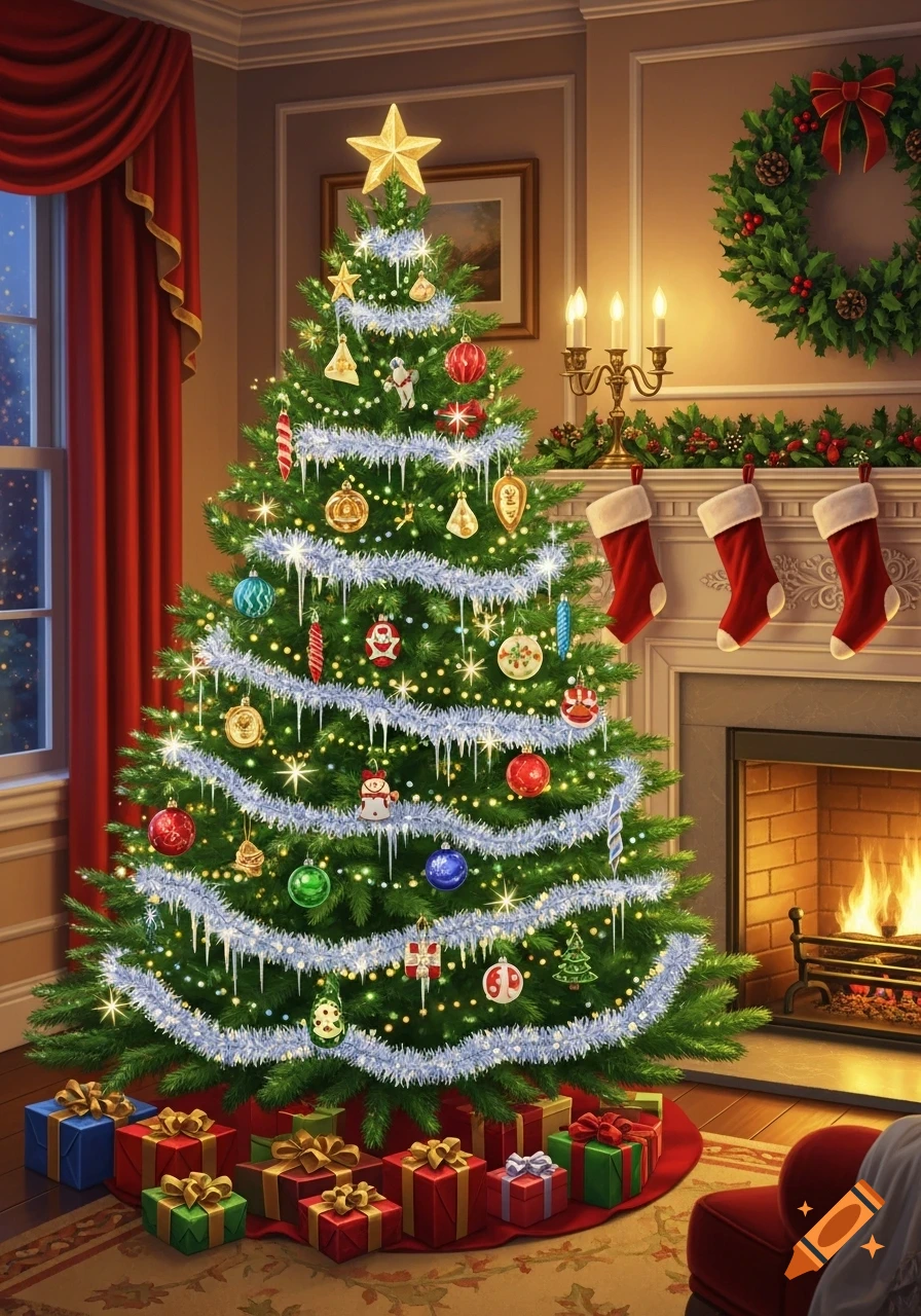 A decorated Christmas tree with a star, lights, and tinsel, surrounded by gifts, next to a glowing fireplace and window.