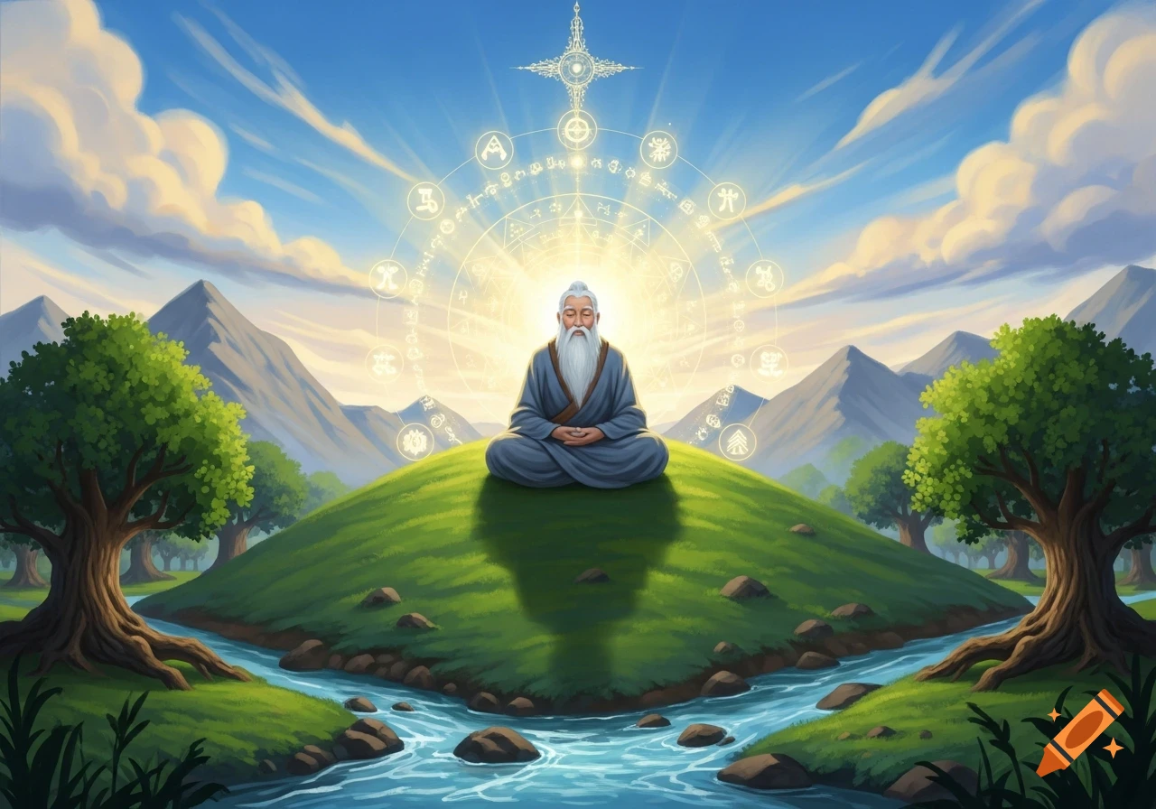 A meditating old man with a long white beard sits cross-legged on a green hill, surrounded by glowing spiritual symbols, with mountains and a river in a serene, stylized landscape.