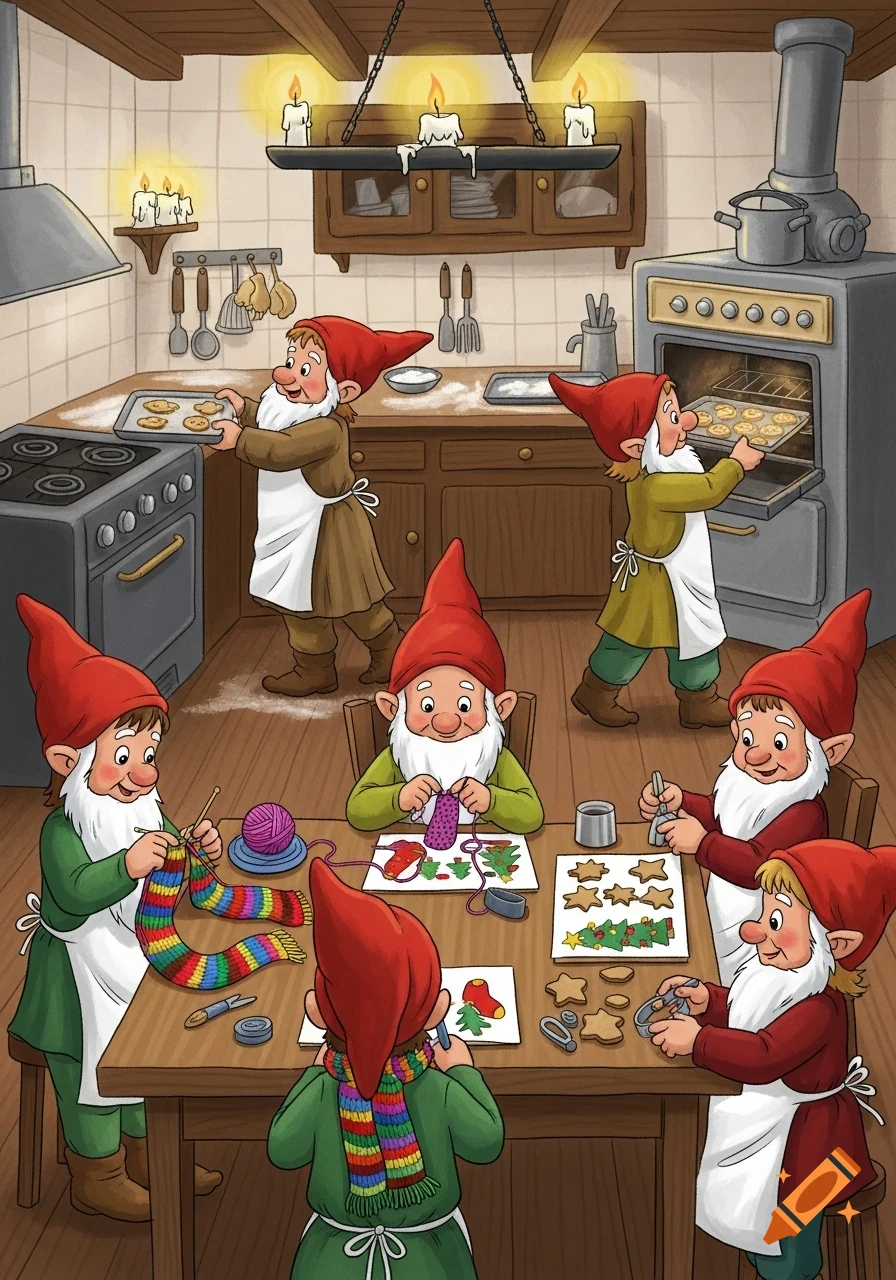 Seven gnomes in red hats and aprons bake and craft Christmas items in a cozy, illustrated kitchen.