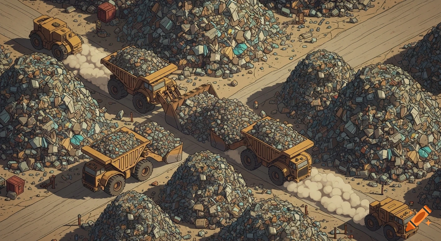 An isometric, retro video game style illustration of a wasteland landfill with yellow dump trucks moving piles of waste.