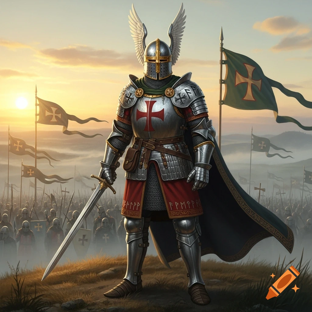 A proud Teutonic knight in shining armor with a winged helmet and a red cross on his chest, holding a sword, stands on a hill overlooking an army of knights at sunset.
