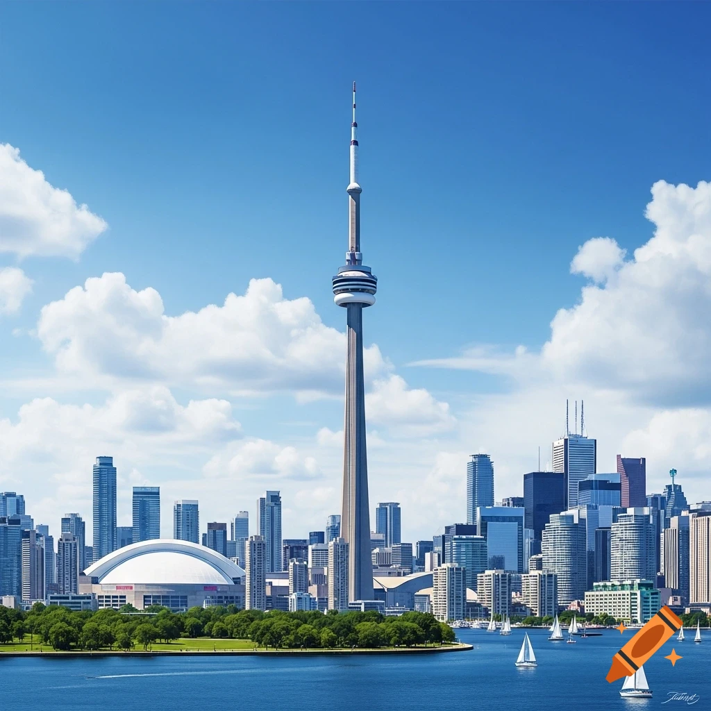 Photorealistic view of the CN Tower and Toronto skyline, with sailboats on the water and a bright blue sky.