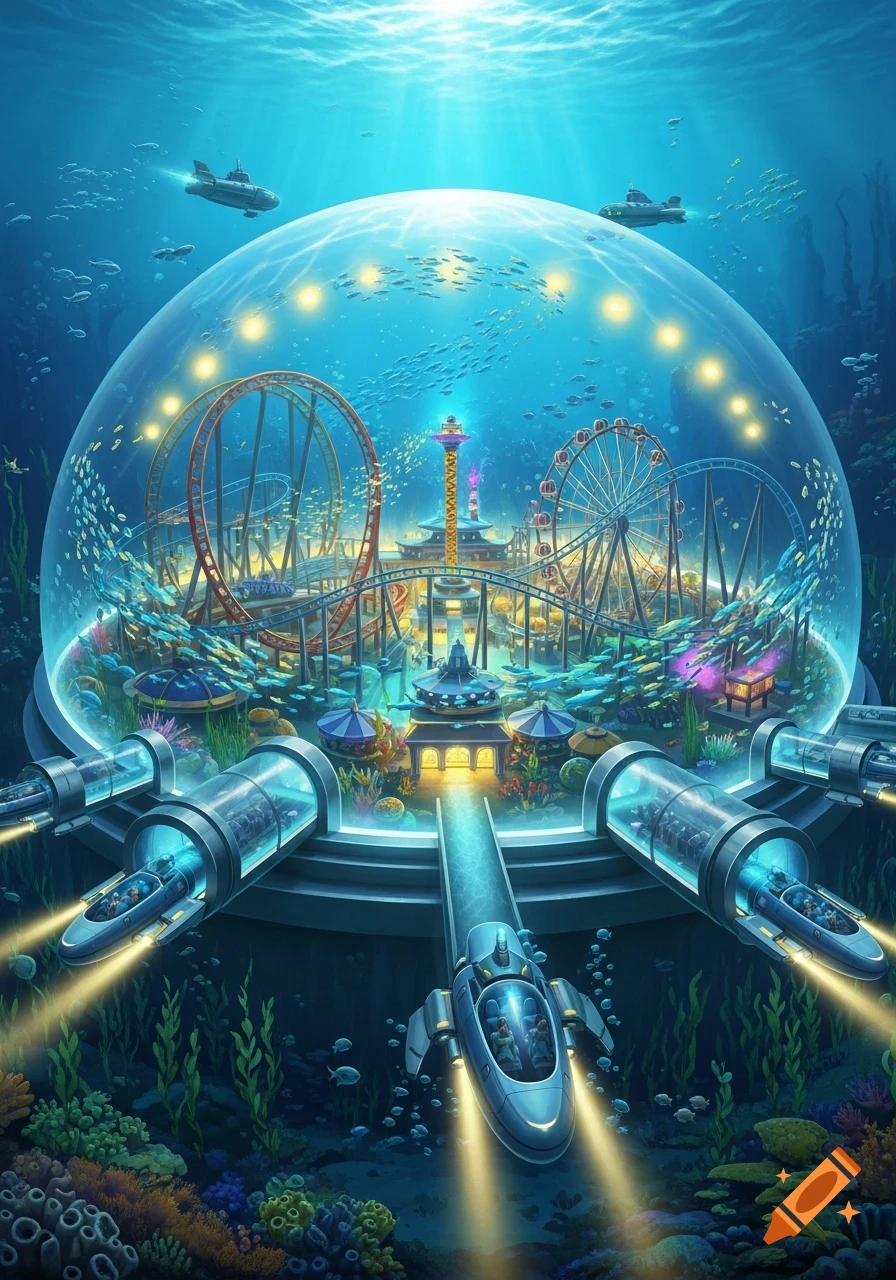 A vibrant underwater amusement park with roller coasters and a Ferris wheel enclosed in a clear dome. Submarine shuttles approach the entrance tunnels.