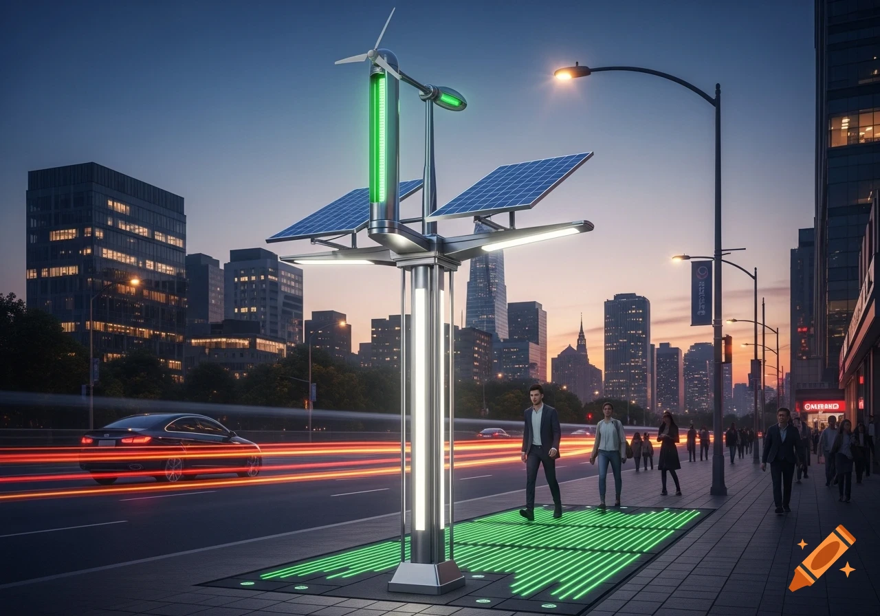 Futuristic streetlight with solar panels and wind turbine illuminates kinetic pavement on a city street at dusk, with glowing car trails.