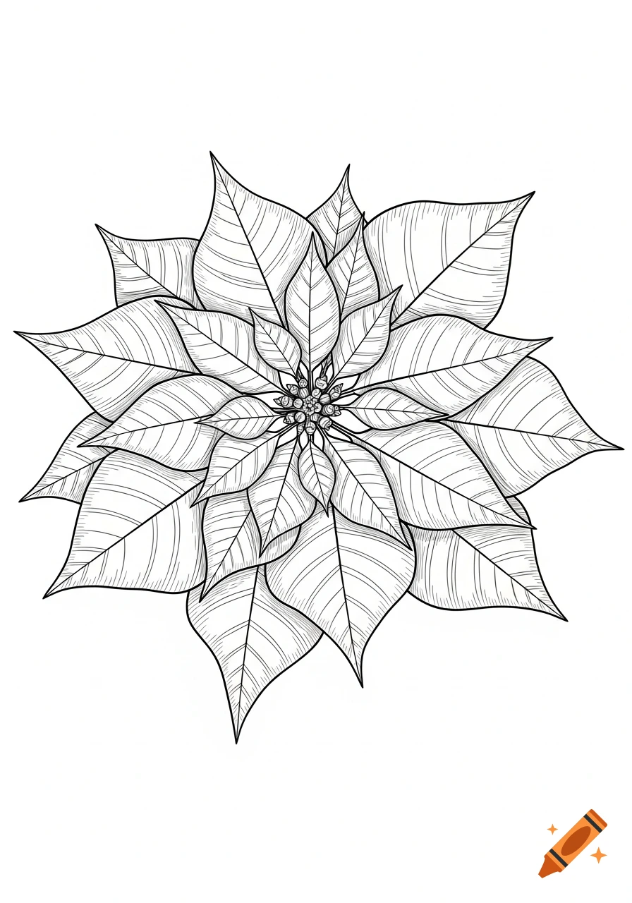 Black and white line art drawing of a poinsettia flower.