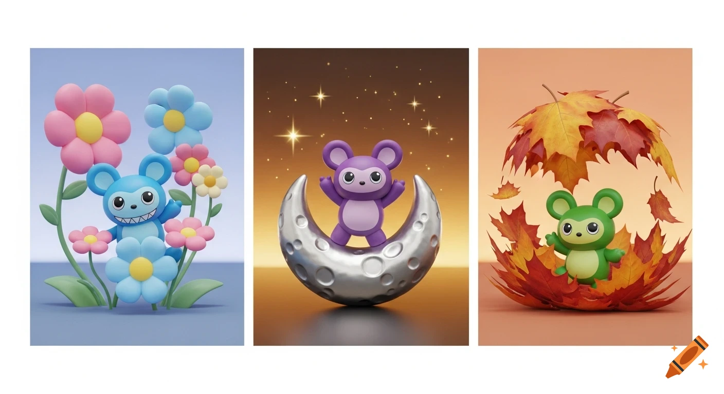 Three 3D rendered panels featuring cute, toy-like characters: a blue one among flowers, a purple one on a moon, and a green one with autumn leaves.