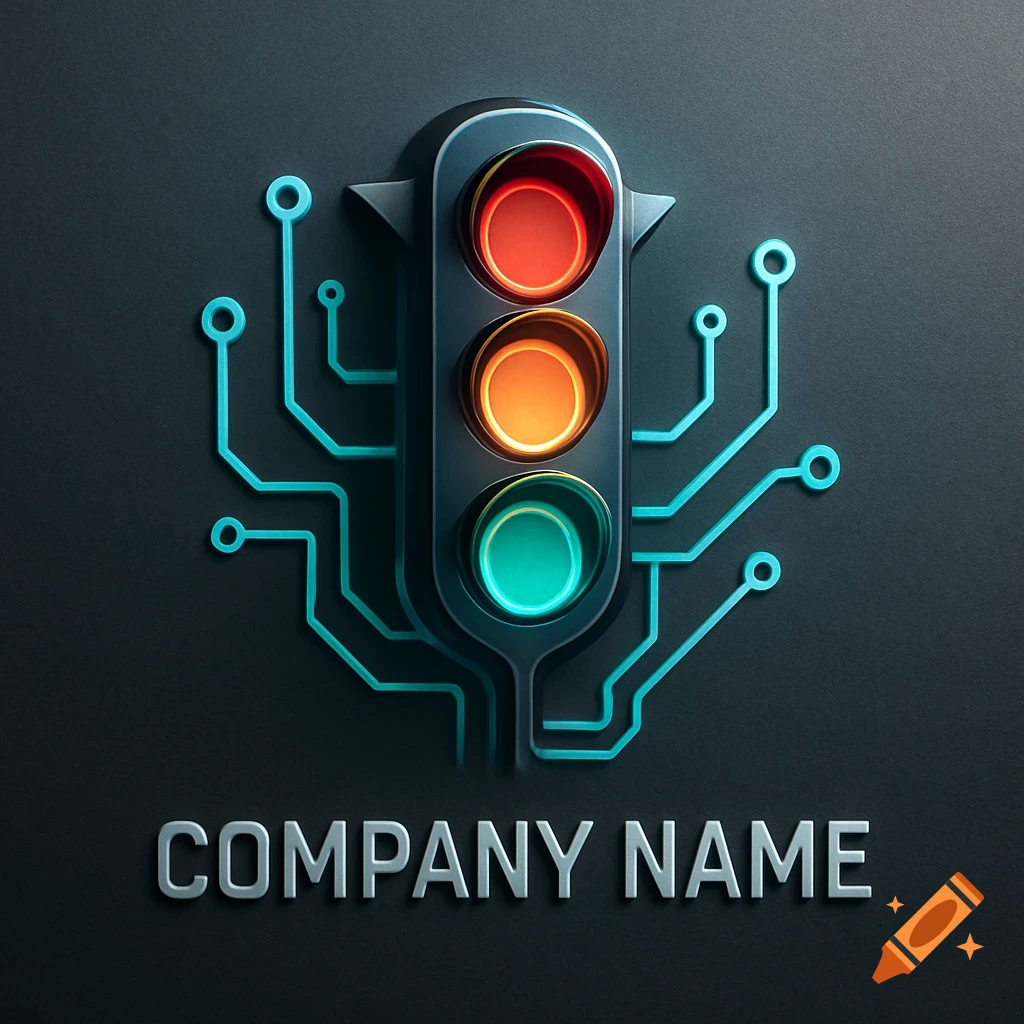 A dark grey traffic light with red, orange, and green lights, surrounded by glowing blue circuit board lines, above the text "COMPANY NAME" on a dark background.