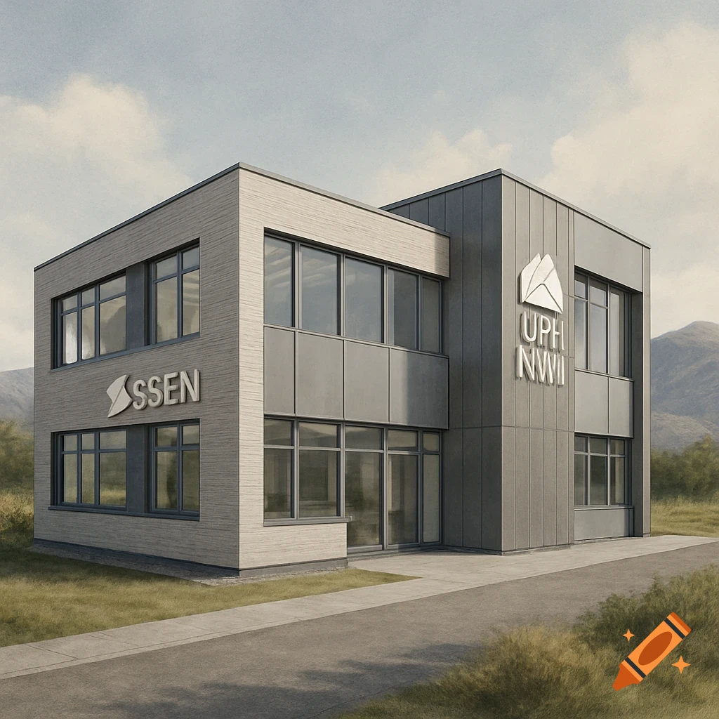 Photorealistic image of a modern, two-story building with 'SSEN' and 'UPH NWII' logos, set in a grassy landscape.
